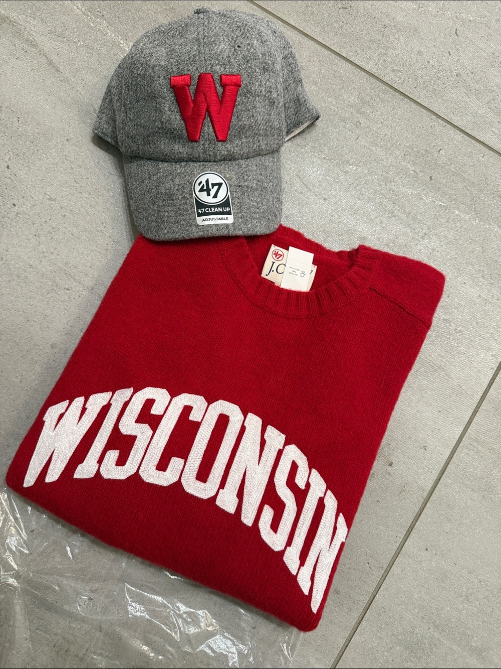 J. Crew ‘47 Red White WISCONSIN Crewneck Wool Sweater with Matching ball cap
